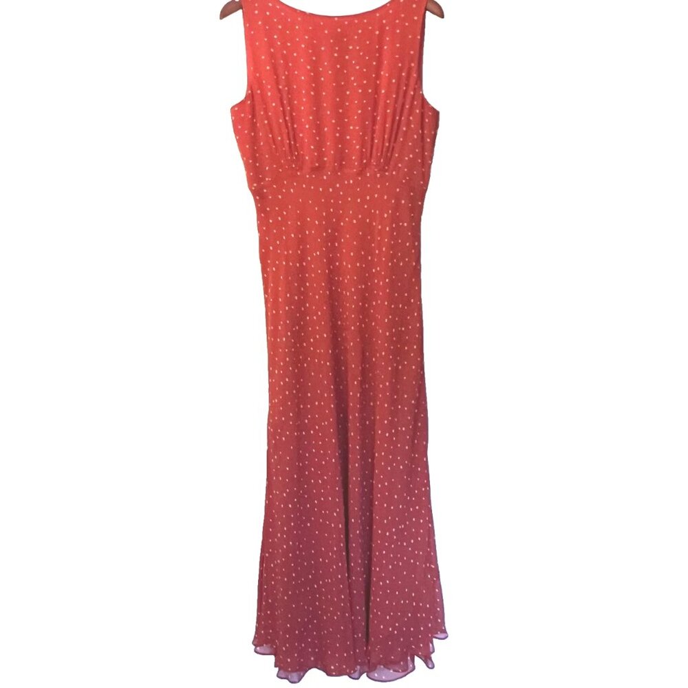 Cynthia Howie Dress 12 Maxi 100% Silk Polka Dot Orange Sleeveless